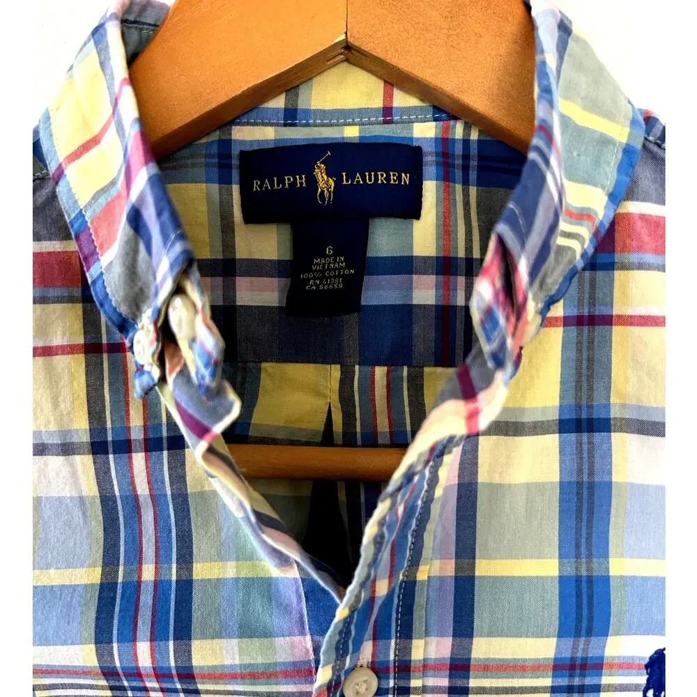 Ralph Lauren Boys Size 6 Madras Plaid Short Sleeve Button Down 100% Cotton